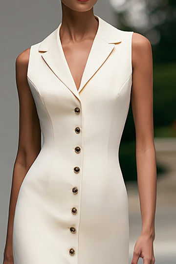 Crepe Ivory Sheath Peak Lapel Midi Work Dress